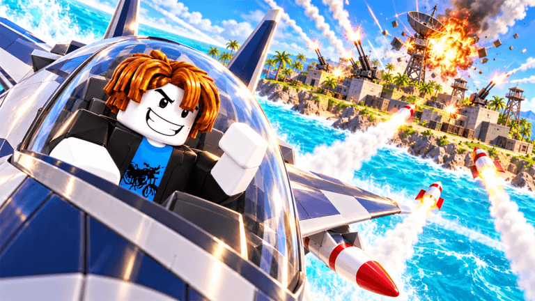 Official Nuke A Country artwork showing a Roblox pilot, missiles and an island base